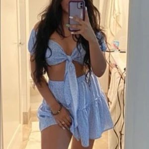 Baby Blue Floral Plant Print Tie Front Top and Skirt Matching Set